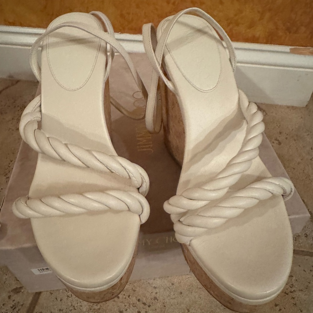 Jimmy Choo Cream Strappy “Diosa Wedge” Sandals